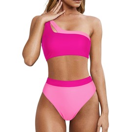 MOOSLOVER Women Cutout One Shoulder High Waisted Bikini High Cut Two Piece Swimsuits(S,Pink Rose)