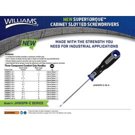 Williams JHWSPR-C-36-6 Supertorque Cabinet Slotted Screwdriver 3/16-Inch Tip, 6-Inch Blade Length, 9-3/4-Inch Overall Length, Three Component Comfort Grip Handle