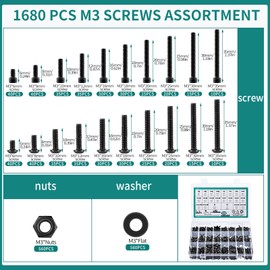 1683 Pcs M3 Screw Assortment, M3 Bolts and Nuts Assortment Metric Machine Screw Assortment 12.9&10.9 Alloy Steel Black Zinc Plated Hex Button Head and Socket Head Screws