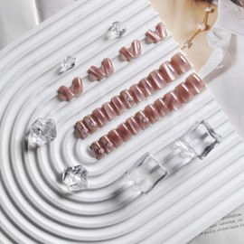 SXVME Cat Eye Dark Pink 3D Press on Nails Short Square, Flora Spring Fake Nails with Designs, Coffin Glue on nails with Tulip, Thick Cute Extra Short Nails for Women and Girls, 30 Pcs