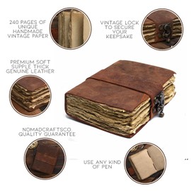 NomadCraftsCo. Vintage Leather Journal - Lock Closure, Book of Shadows Journal, Grimoire Journal, Witch Journal, Vintage Journal 240 pages Antique Deckle Edge Paper