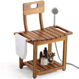 BLUEWEST 23.4'' Shower Chair with Backrest Bath Chair for Inside Shower or Tub, Heavy Duty 450 lbs Support, Non-Slip Feet, Shelf Storage, Built-in Handles for Elderly or Adults (Acacia)