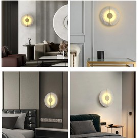 JIANGXMF Modern Round Alabaster Natural Marble Wall Light,3000K Warm Light 7W Energy Saving Wall Sconce,Metal Base Wall Mounted Lamp, for Living Room Bedroom Bedside Stairs Hallway (Gold)