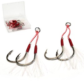 Piscorush Double Assist Hooks Set with Glow Teaser Stinger Dancing Stinger Jigging Hooks Replacement Fishing Hooks for Slow Pitch Jigs Vertical Jigging Lures (10Pcs Set, XXL - (Hook Length: 1.54"))