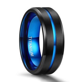 Tigrade Titanium Ring 6mm 8mm Blue Centre Groove Wedding Band Comfort Fit Matte for Men Women (8MM, 8.5)