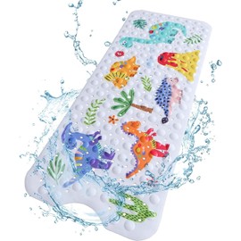 Amfor Baby Bath Mat for Tub for Kids, 40 X 16 Inch Extra Large Bathtub Kid Mat Non Slip, Cartoon Kids Bath Mat, with Suction Cups & Drain Holes, Machine Washable Bathroom Mats (Dinosaur)