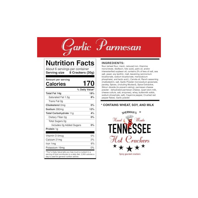 Sherman's Tennessee Hot Crackers, Garlic Parmesan. 4 pack. (6oz each),