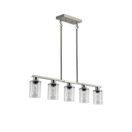 YIHANTLZ Industrial Linear Pendant Light, 5-Light Black Kitchen Island Chandelier with Clear Glass Shades & Edison Bulbs, Adjustable Height Hanging Light Fixture for Dining Room, Bar, Cafe (Nickle)