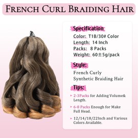 French Curl Braiding Hair 8 Packs 14 Inch Loose Wavy Bouncy Braiding Hair Pre Stretched 60g/Pack Synthetic French Curly Braiding Crochet Hair for Black Women 1B/30#