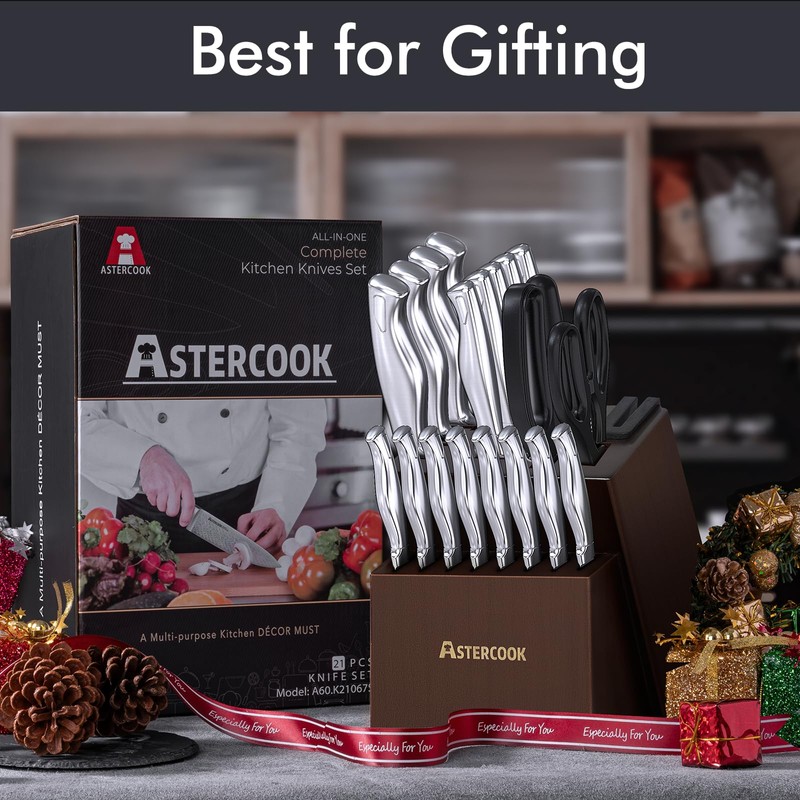 Knife Set, Astercook 21 Pieces Kitchen Knife Set with Built-in