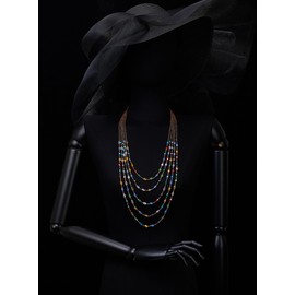 COOLSTEELANDBEYOND Colorful Oval Beads Statement Necklace Multi-Strand Long Chains with Crystal Charm Pendant