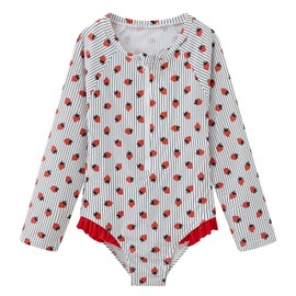 LIBREDGE Girls Rash Guard Shirts Long Sleeve Swimsuits One Piece Ruffle Bathing Suit UPF 57+ Sun Protection Swimwear with Zipper Red Ruffle, Strawberry (9-10Y)