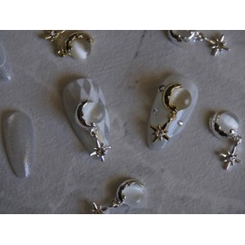 3D Moon & Star Cat Eye Stone Nail Decals Silver gold Starry Sky Nail Jewelry decoration Milky way Nails Charms Dangle (10pcs)