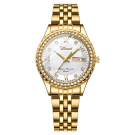 Oidea Couple Quartz Watches for Women: Luxury Full Rhinestones Diamond Bezel Round Dial Wrist Watch Waterproof Luminous Calendar Week Date Business Dress Watch Valentine's Day Gift, White