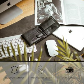 Baur Men's Genuine Leather Wallet with RFID Protection, Landscape Format, Wallet with Coin Compartment, Wallet with Many Card Slots, black, Large landscape format with press stud inside