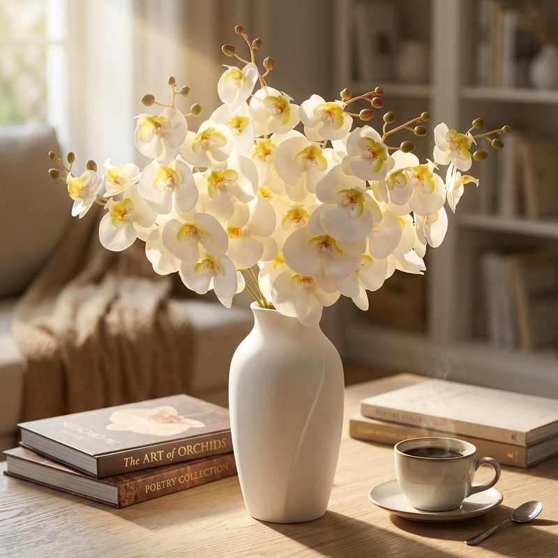 Artificial Phalaenopsis Orchids Flowers，Realistic Fake Flowers Decor，White