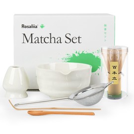 Matcha Whisk Set, Japanese Tea Set Includes Matcha Bowl with Spout, Matcha Whisk Stand, Bamboo Matcha Whisk and Bamboo Spoon, Matcha Powder Sieve, 17 Ounces White Ceramic Matcha Set (White)