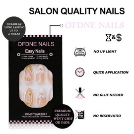 3D Gold Curve Line Press on Nails Medium Almond OFDNE White French Tip Fake Nails False Nails with Flower Shell Designs Glossy Glue on Nails Stick on Nails for Women Girls 24Pcs