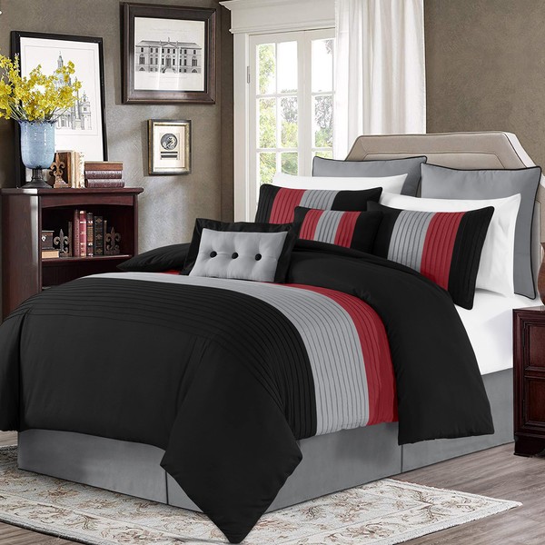 Chezmoi Collection Loft 8-Piece Luxury Striped Comforter Set (King, Red/Black/Gray)