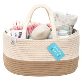 OrganiHaus Baby Organiser Basket - Storage Basket for Changing Table and Nursery - Gifts for Newborns & Baby, Storage Basket with Compartments & Handles - Honey/White