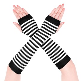 Long Arm Warmers Striped Fingerless Gloves for Women, Black and White