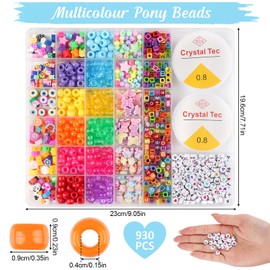 930 PCS Pony Beads Set, Kandi Beads Bracelet Making Kit, Letter Beads, Fruit Butterfly Multicolour Beads with 2 rolls of Crystal Line and Tweezers, Kandi Beads for DIY Jewelry and Crafts Making