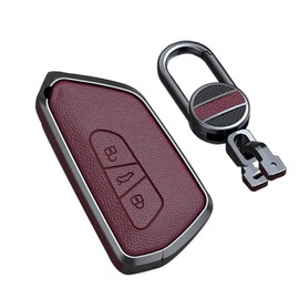 SANRILY Keyless Premium Metal and Leather Key Fob Cover for VW ID.4 2020 Skoda Octavia Seat Leon MK4 Key Case for VW Golf 8 Key Fob with Keychain Wine Red