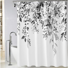 BIVINAR Black and White Eucalyptus Leaves Shower Curtain, Watercolor Plant Floral Bathroom Shower Curtain, Fabric Waterproof Botanical Shower Curtain with 12 Hooks, 72 x 72 Inch