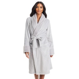 TAHARI Womens Plush Velour Robe with Faux Fur Trim - Plush Robe for Women - Bathrobe (Crystal Grey, Medium)