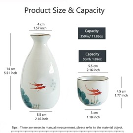 Old Craftsmen's Japanese Sake Set 5 Pieces Traditional Sake Cup Set 4 Sake Cups 50ml and Sake Bottle 350ml Hand Painted Design Porcelain Pottery Ceramic Soju Cups Saki Glasses (Gold Fish)