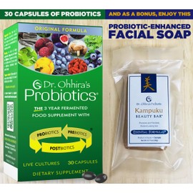 Dr. Ohhira's Probiotics Original Formula 30 Capsules with Bonus Probiotic-Enhanced Beauty Bar Soap Travel Size 20g - No Refrigeration Supplement for Women and Men, 13 Probiotic Strains