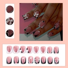 French Tips Press on Nails with Zebra Print French Design Short Square Fake Nails Charms Flower Black French Nails Press ons Cute Bow Stick on Nail Zebra Stripes Artificial False Nails for Women 24Pcs