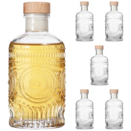 YHomU 6 PCS Glass Bottles with Flower Patterns, Clear 200 ML Heavy Base Glass Bottles with T-Top Cap with Cork Stoppers, Appealing Airtight Glass Bottles with Lid Design