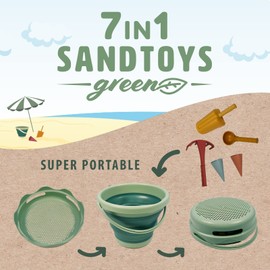 Schildkröt® 7in1 Sand Toys Set in Bio-Qualität: Innovatives Sand-Spielset mit 6 Werkzeugen aus Zuckerrohr zum Graben, Formen, Sieben und Rechen, Faltbarer 3 Liter Eimer