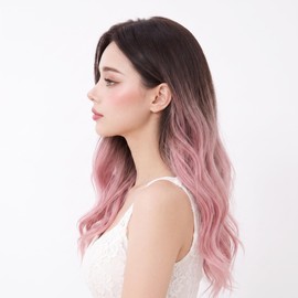 Women's Wavy Synthetic Wig 24 Inch Long Hair Dark Root Purple Peach Ombre Heat Resistant Matte Silk Full Wigs for Daily Party