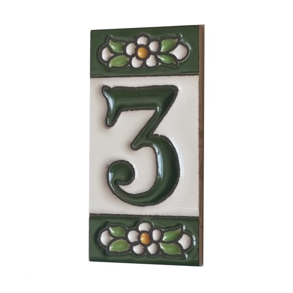 Ceramic House Tile Numbers & Letters, Green Floral Design, Tile