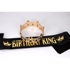 Ｎｏｏｎｈｏｒｓｅ Birthday King Sash Crown & Tiara for Men Birthday Party Decorations Accessories Set for Boy Prince, Black and Gold 2PCS