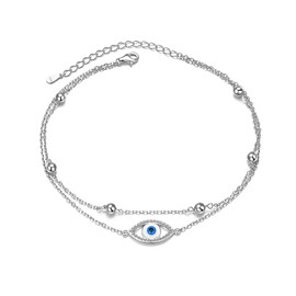 Women's 925 Sterling Silver Anklet, Evil Eye & Hamsa Hand Adjustable Anklet, 23, 25, 28 cm / 9, 10, 11 inches, Ankle Jewellery, Birthday Gift, Silver