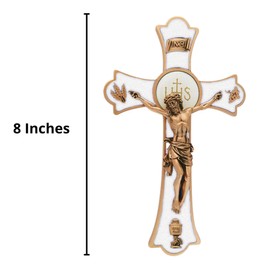 Jeweled Cross First Communion Holy Mass Crucifix with Chalice Wall Cross, 8-inches Height, Gold Tone and White, Epoxy