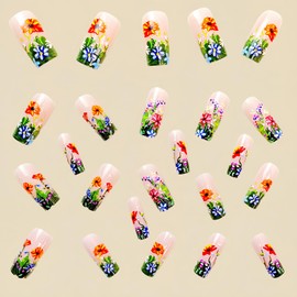 Spring Press On Nails Long Square Fake Nails Full Cover False Nails With Flower Daisy Designs Artificial Acrylic Nails Flower Nails Press Ons Glossy Glue On Nails Stick On Nails For Women