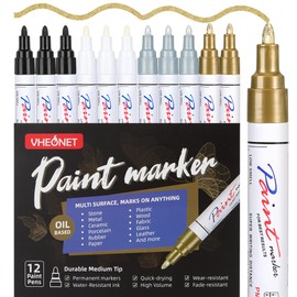 VHEONET 12 Permanent Paint Markers on Almost Anything Never Fade Quick Dry, Oil-Based Waterproof Paint Marker Pen for Rock Painting, Stone, Wood, Plastic, Canvas, Ceramic, Glass, Metal, DIY Craft