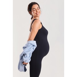 MOMANDA Maternity Jumpsuit Workout Romper for Pregnancy Seamless Leggings Bodysuit Sleeveless Square Neck Tank Top Black 12