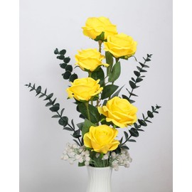 LEUCHTAMOR Pack of 10 Artificial Roses Fake Silk Roses Realistic Roses for DIY Craft Flowers for Wedding Bridal Bouquets, Arrangements, Party and Home Decorations (Pure Yellow)