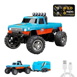 Edottbag Mini Rc Truck with Trailer, Mini Rc Monster Truck, Monster Truck Toys, 2.4Ghz All Terrain Off-Road Monster Truck, 1:64 Scale Alloy,Speed/Steering Adjustable,Remote Control Car (with Trailer)