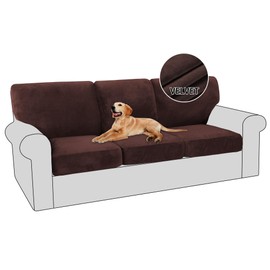 PrinceDeco 6 Piece Luxury Thick Velvet Sofa Covers（3 Base Cover Plus 3 Seat Cushion Covers） Couch Covers for 3 Cushion Couch Sofa Couch Cover for Dogs, Machine Washable(Sofa, Brown)