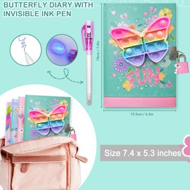 Pop Diary Girls with Lock and Invisible Double Ended Pen, 19 x 13.5 cm, 80 Lined Sheets Butterfly Pop Fidget Diary Kids Secret Notebook Pen Set Gifts for Girls Boys