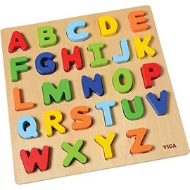 Constructive Playthings 12" Sq. Wooden Uppercase Alphabet Puzzle with 1 1/2" H. ABC Block Pieces for Ages 18 Months and Up