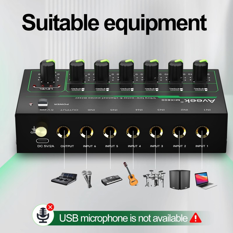 Aveek 6 Channel Mixer - Mini 6 Stereo Audio Mixer,