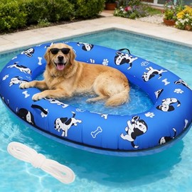 61"x 43" Dog Pool Float Raft with Handle & Rope, Heavy Duty Inflatable Pet Float for Small Medium Large Dogs Up to 150 Lbs, Dog Floaties for Pool, Beach, Lake, River