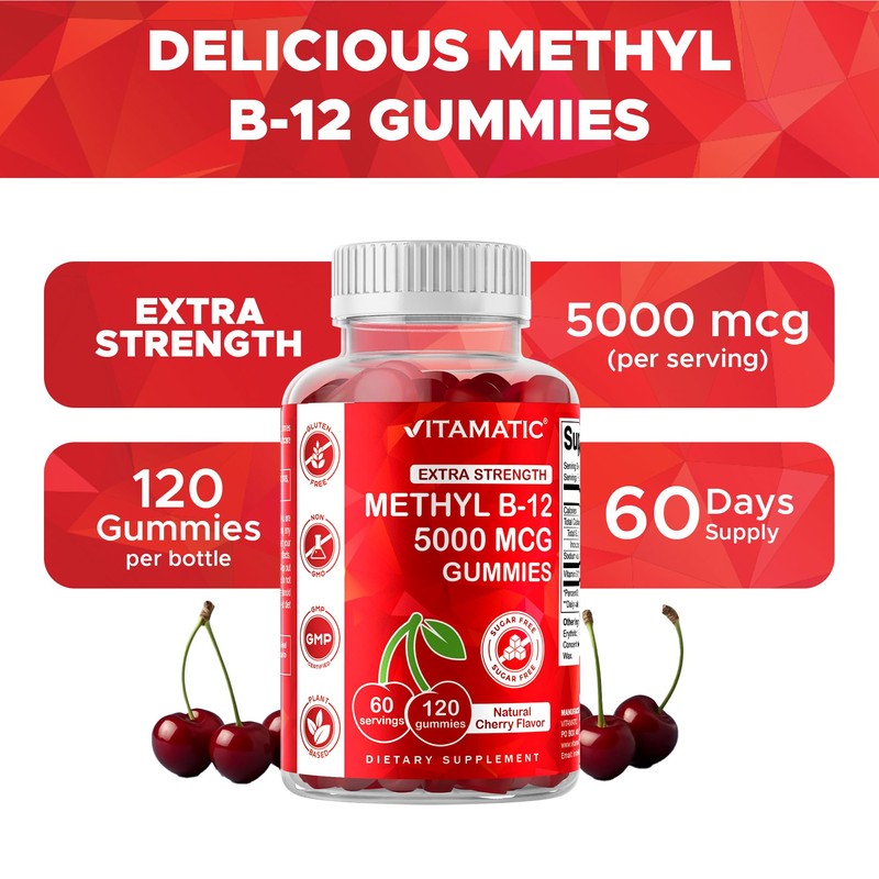 Vitamatic Extra Strength Vitamin B12 5000 mcg (Methyl B12) Gummies